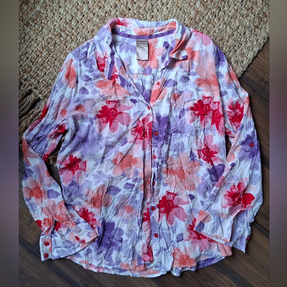 White‎  stag floral Long sleeve floral blouse summer casual rayon formal church